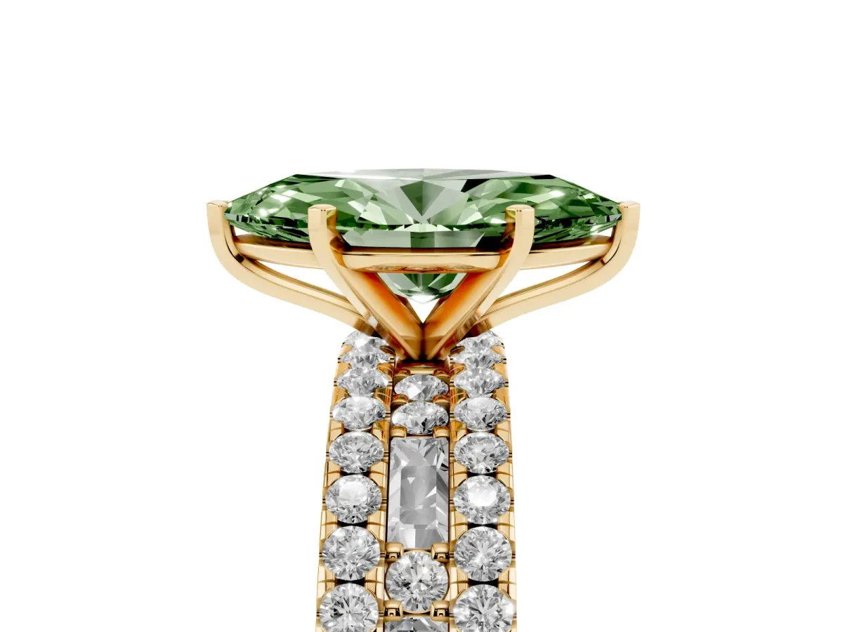 Fancy Green Marquise Cut Diamond Solitaire Ring with Pavé and Channel Set Band Yellow gold