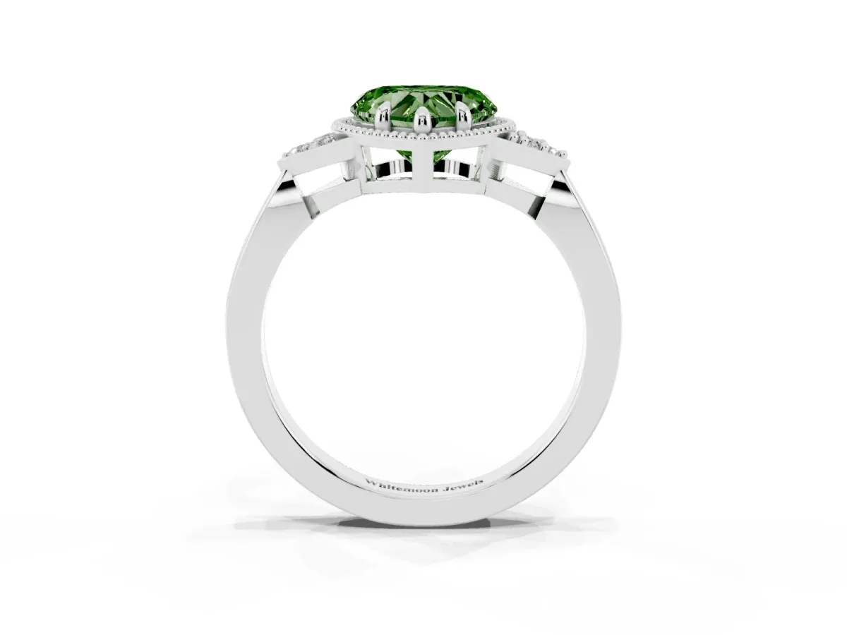 Fancy Green Milgrain Heart Cut Cut Diamond Ring with Tapered Pave Band and Four Prong Setting Platinum