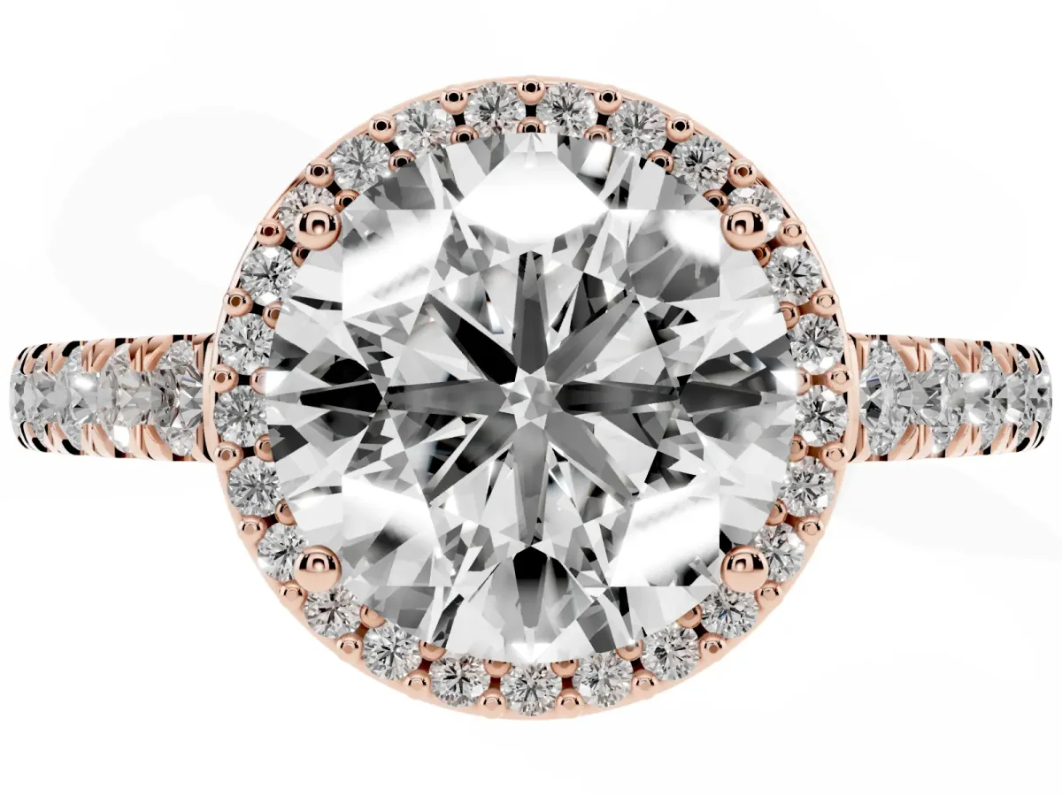 Round Cut Cut Halo Diamond Engagement Ring with Pave Band and Four-Prong Setting Rose gold