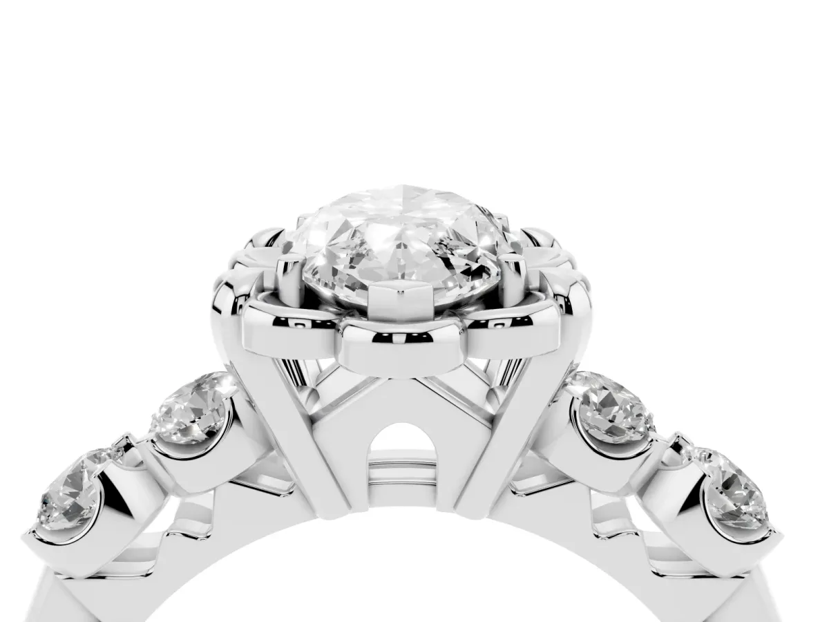 Marquise Cut Cut Diamond Floral Halo Engagement Ring with Shared Prong Setting Silver