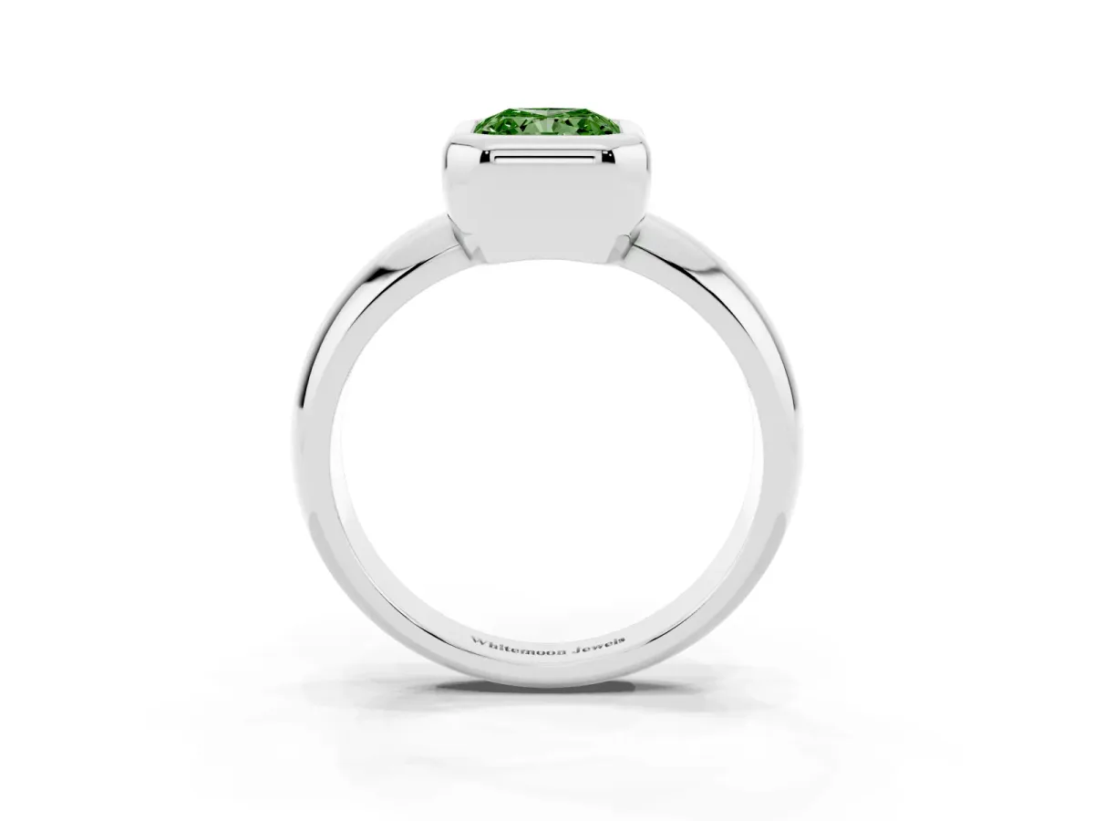 Fancy Green Bezel Set Radiant Cut Solitaire Ring with Wide Band Silver
