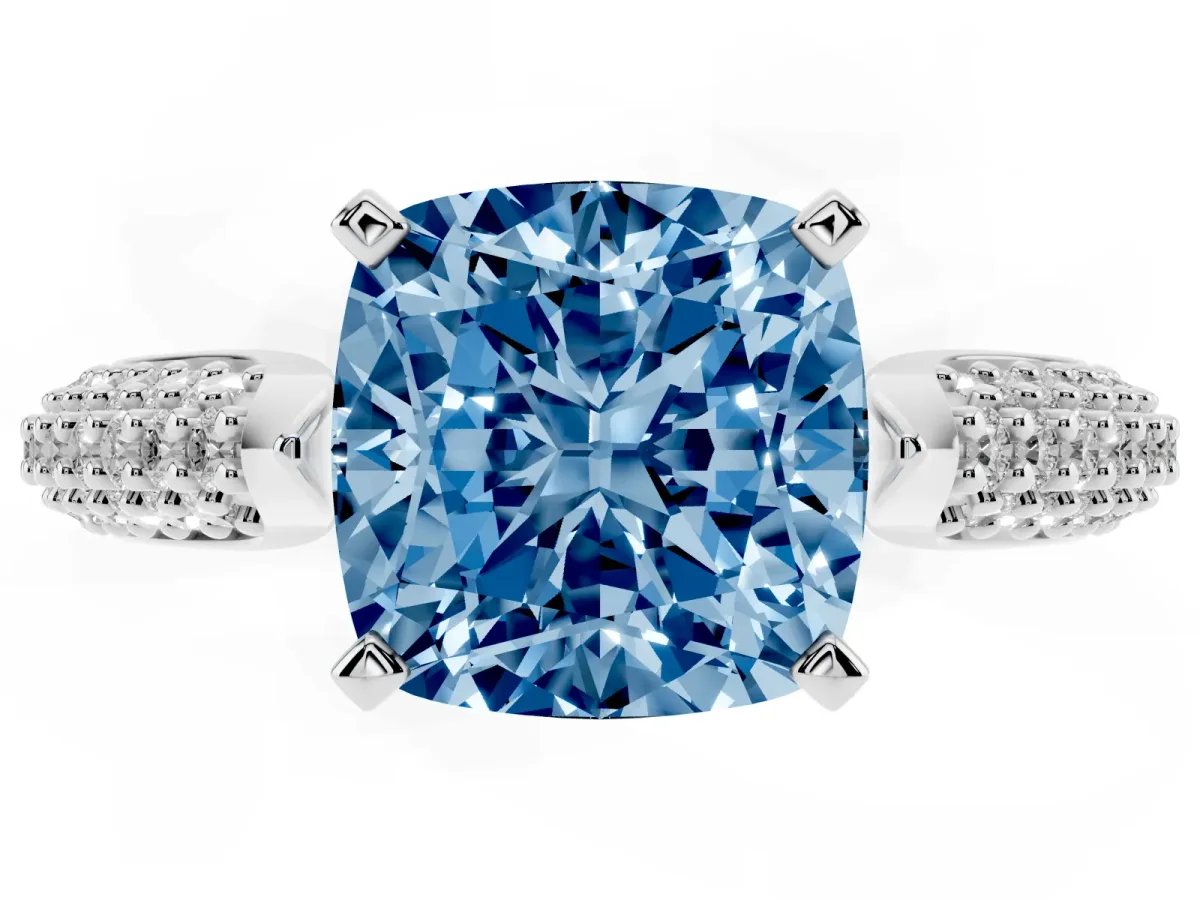 Fancy Blue Cushion Cut Diamond Solitaire Engagement Ring with Multi-Row Round Pavé Band and Prong Setting Silver