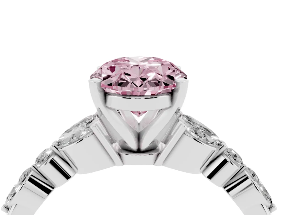 Fancy Pink Oval Cut Diamond Solitaire Ring with Side Stones and Four-Prong Setting Silver
