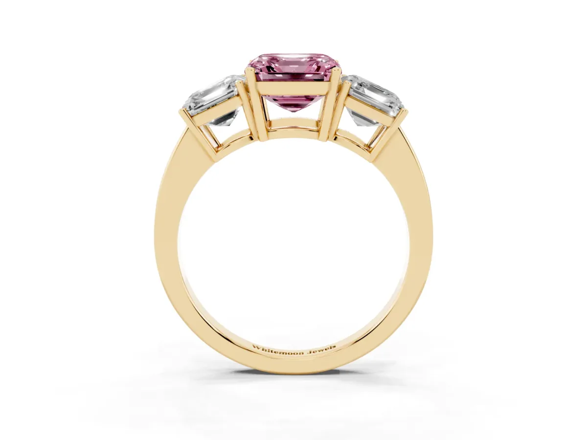 Fancy Pink Three-Stone Asscher Cut Cut Diamond Engagement Ring with Flat Band and Four-Prong Setting Yellow gold