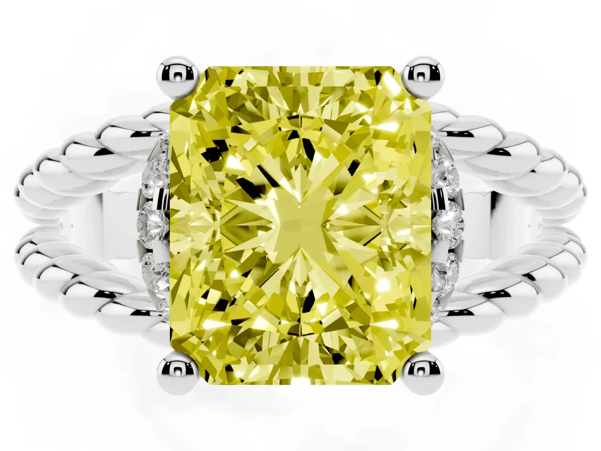 Fancy Yellow Radiant Cut Halo Twisted Band Four-Prong Ring Silver