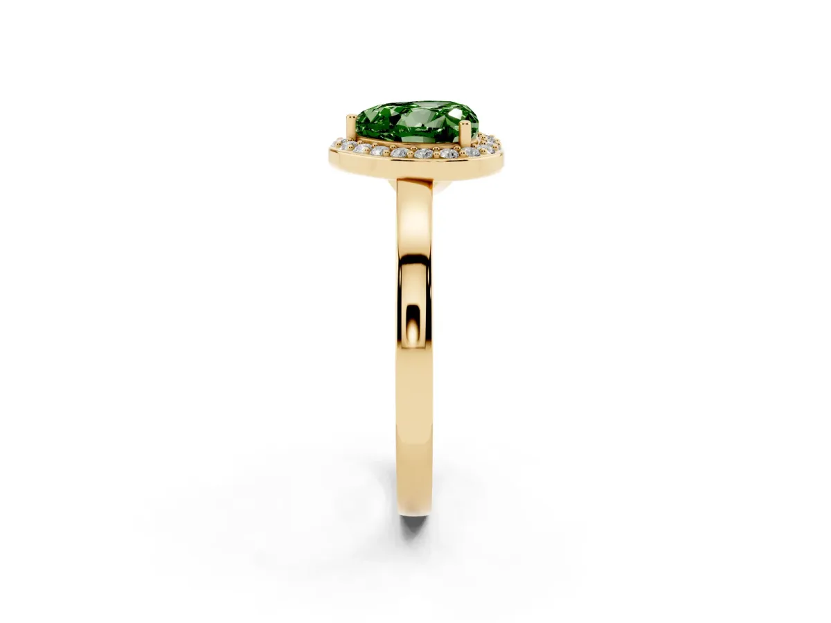 Fancy Green Heart Cut Halo Diamond Ring with Solitaire Band and Prong Setting Yellow gold