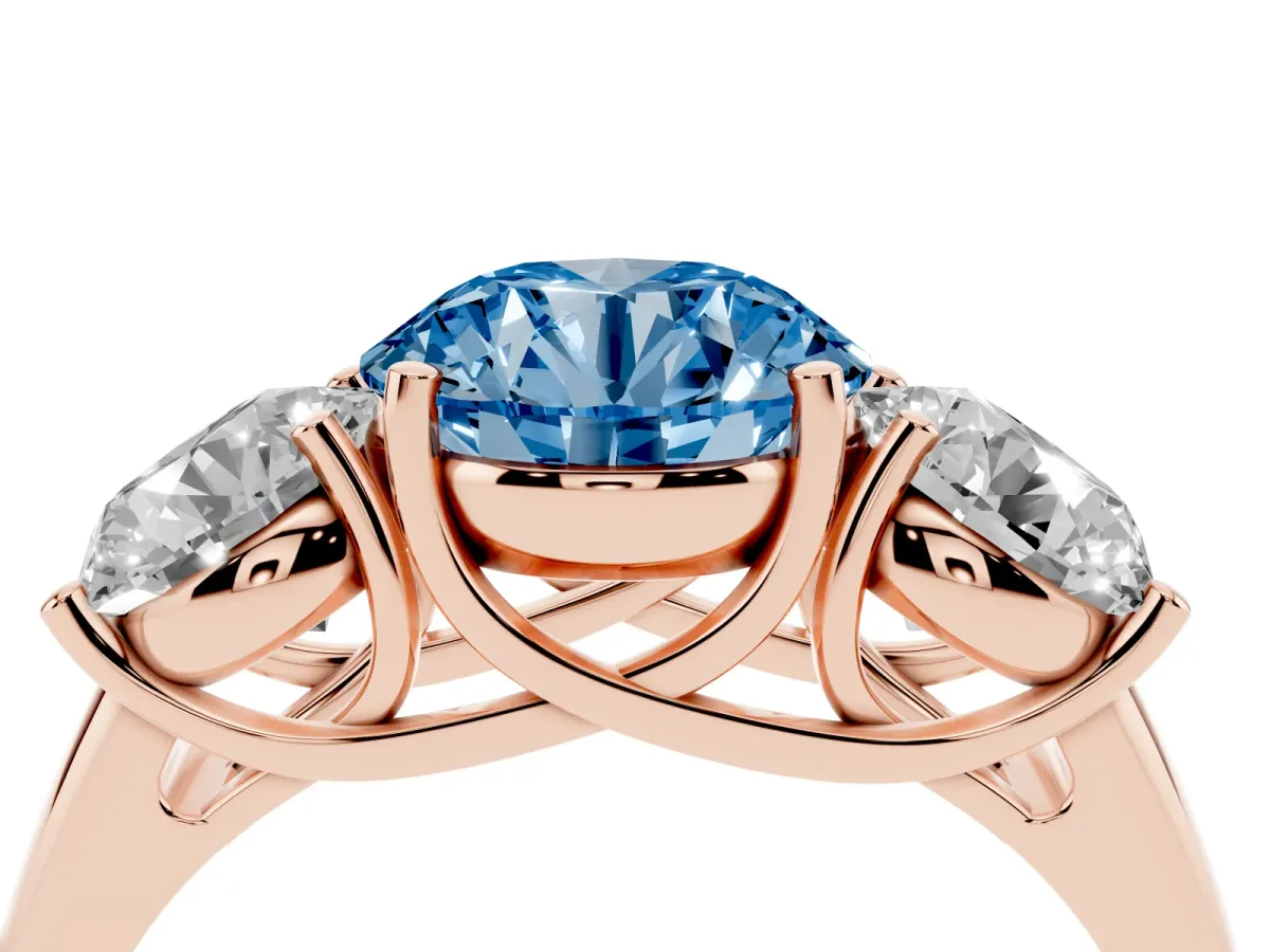 Fancy Blue Three-Stone Round Cut Diamond Engagement Ring with Prong Setting Rose gold