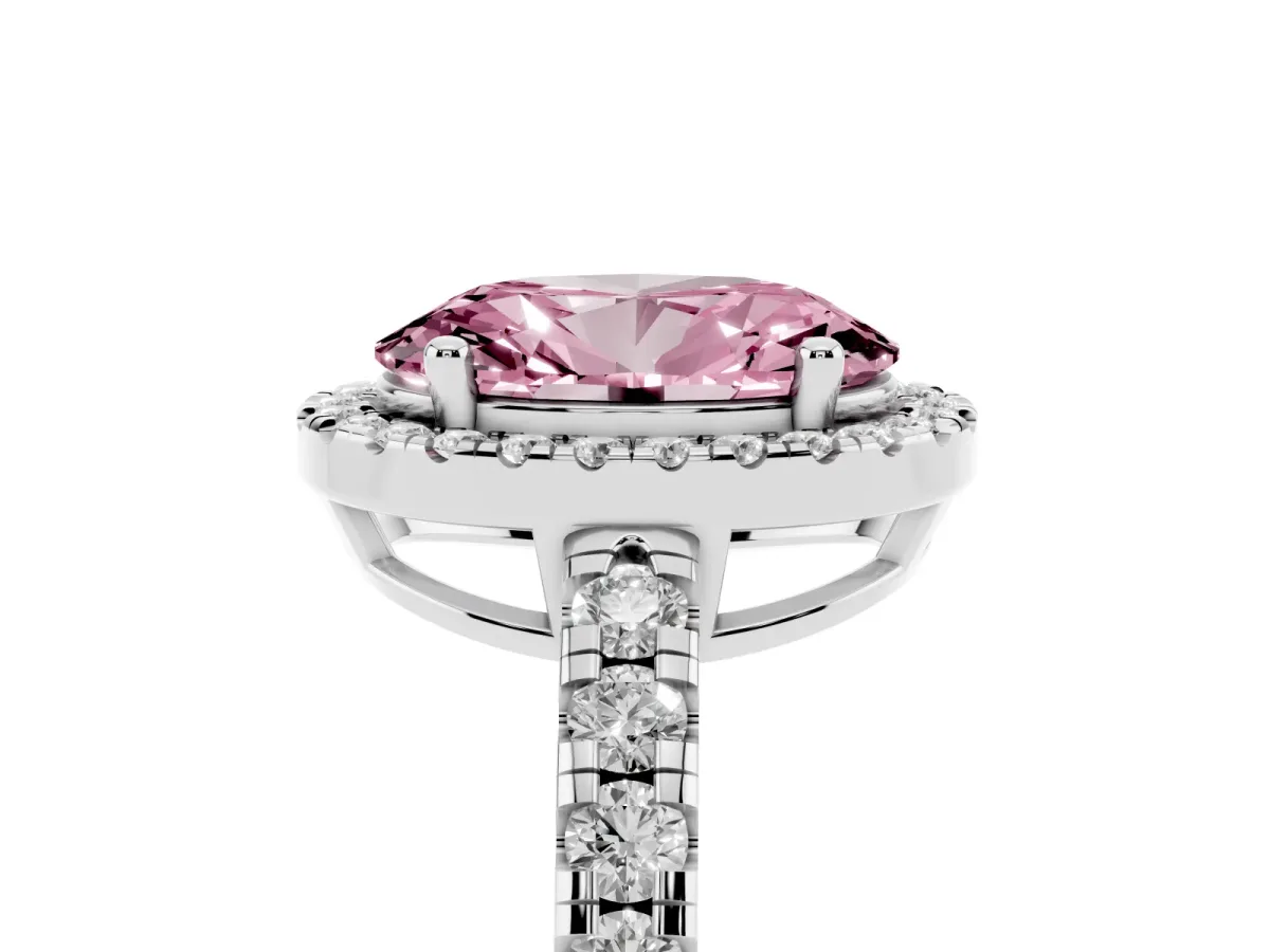 Fancy Pink Oval Cut Diamond Halo Ring with Pavé Band and Four-Prong Setting Platinum