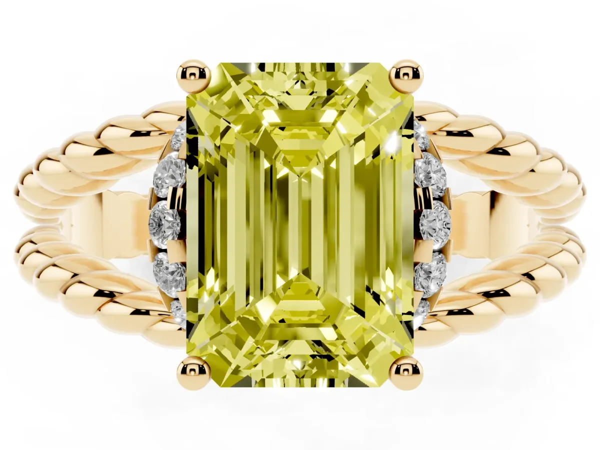 Fancy Yellow Emerald Cut Halo Twisted Band Four-Prong Ring Yellow gold