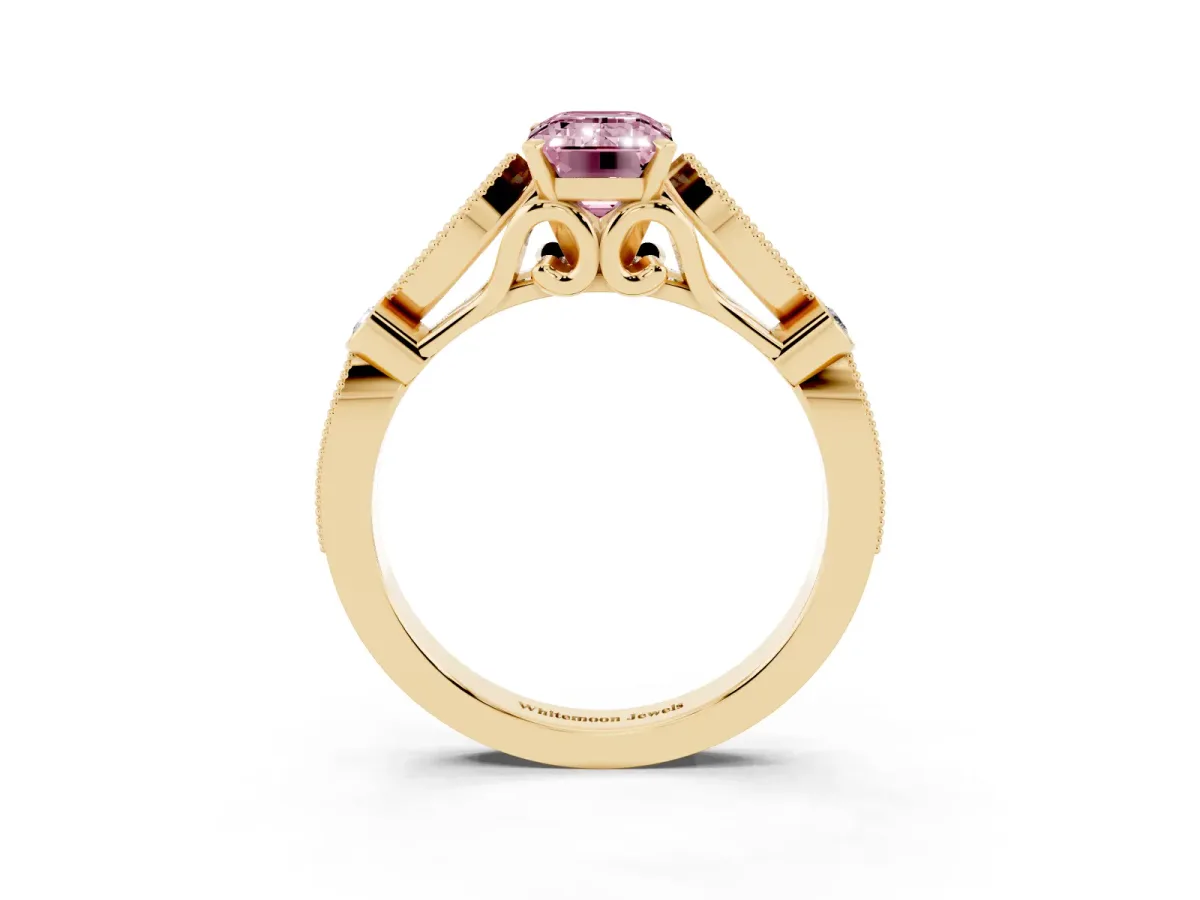 Fancy Pink Emerald Cut Cut Diamond with Milgrain Marquise and Bezel Accents on a Solitaire Band with Prong Setting Yellow gold