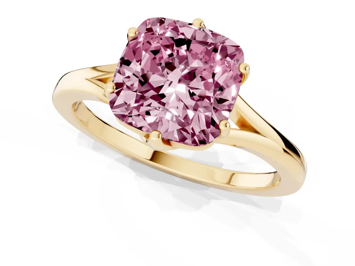 Fancy Pink Cushion Cut Solitaire Diamond Ring with Six-Prong Setting and Tapered Band Yellow gold