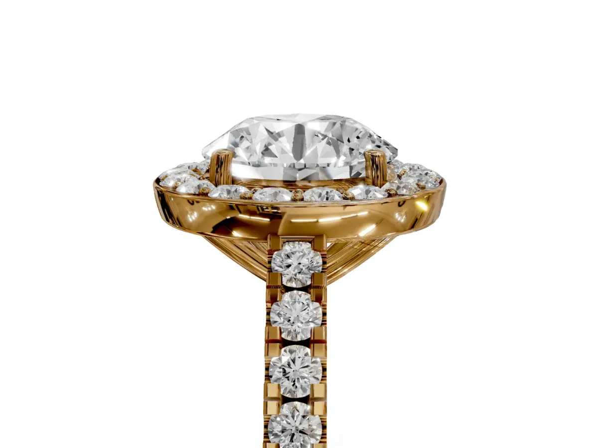 Round Cut Diamond Halo Ring with Round Pavé Split Shank and Prong Setting Yellow gold