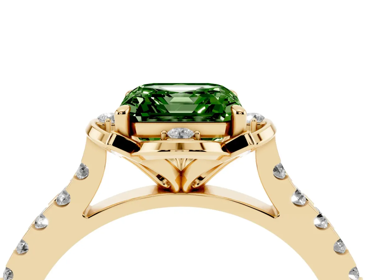 Fancy Green Asscher Cut Diamond Ring with Pavé Band and Floral Prong Setting Yellow gold