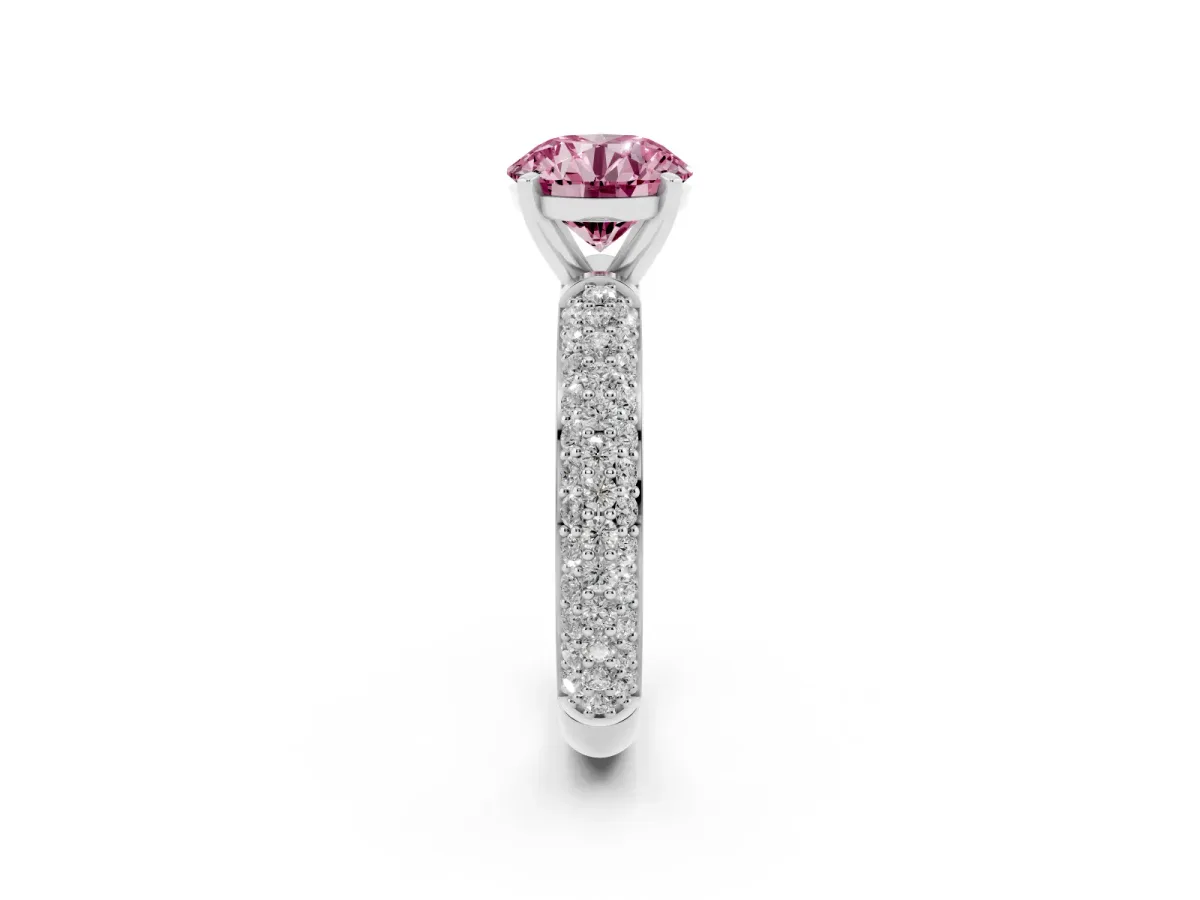 Fancy Pink Round Cut Diamond Solitaire Ring with Prong Setting and Pavé Band Silver
