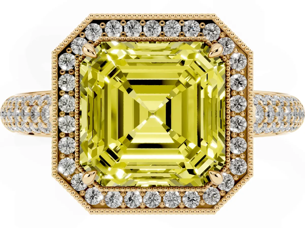 Fancy Yellow Asscher Cut Cut Halo Diamond Pave Band with Four-Prong Setting Yellow gold