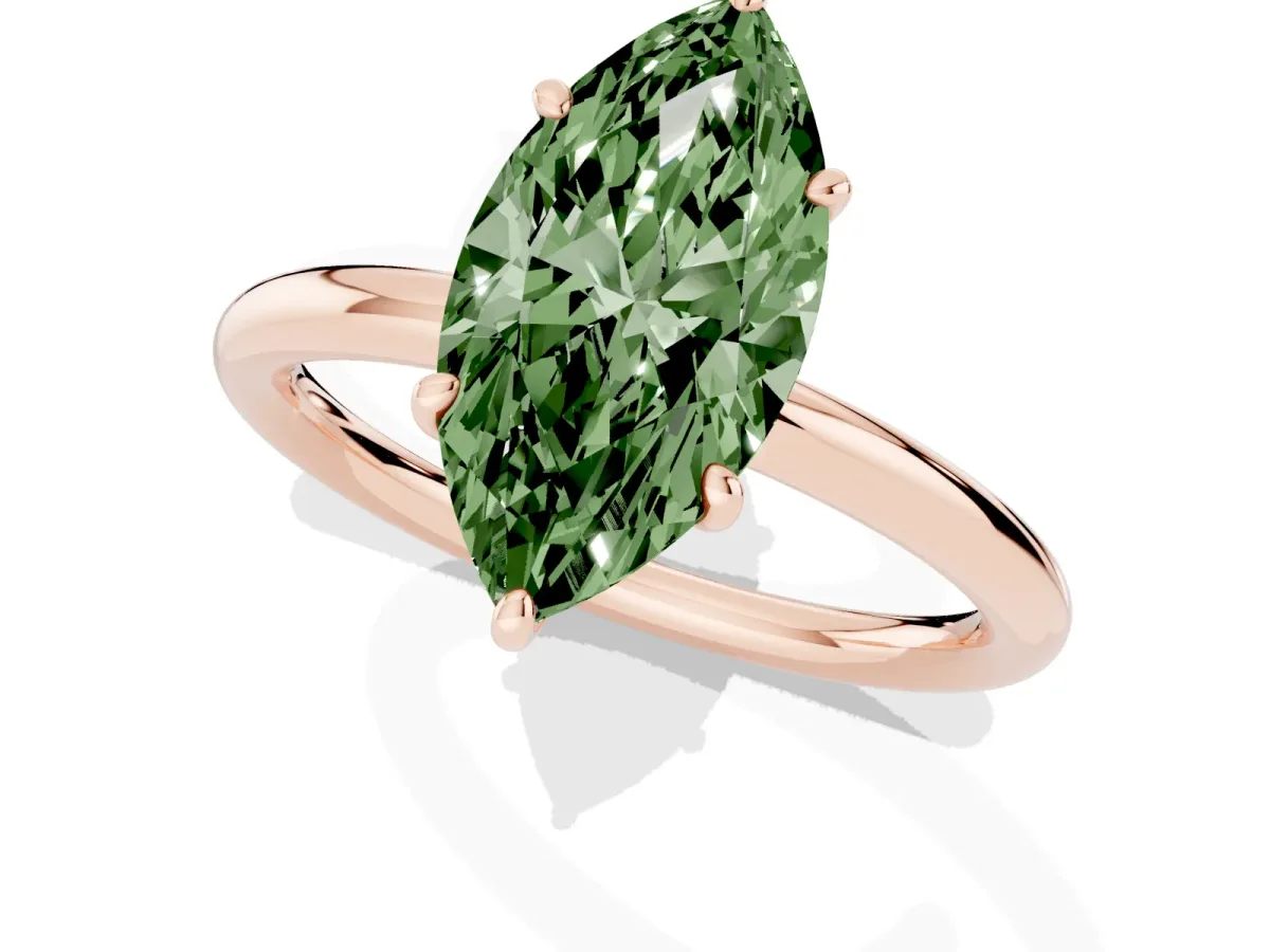 Fancy Green Oval Cut Solitaire Diamond Ring with Four-Prong Setting on a Plain Band Rose gold