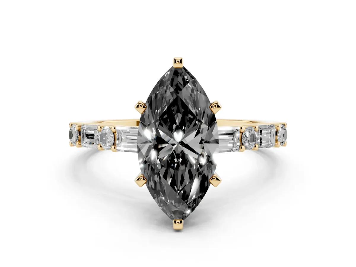 Fancy Black Marquise Cut Diamond Solitaire with Side Baguettes and Channel Set Band Yellow gold