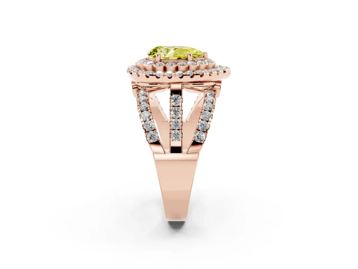 Fancy Yellow Pear Cut Diamond Double Halo Ring with Round Pavé Split Shank and Prong Setting Rose gold