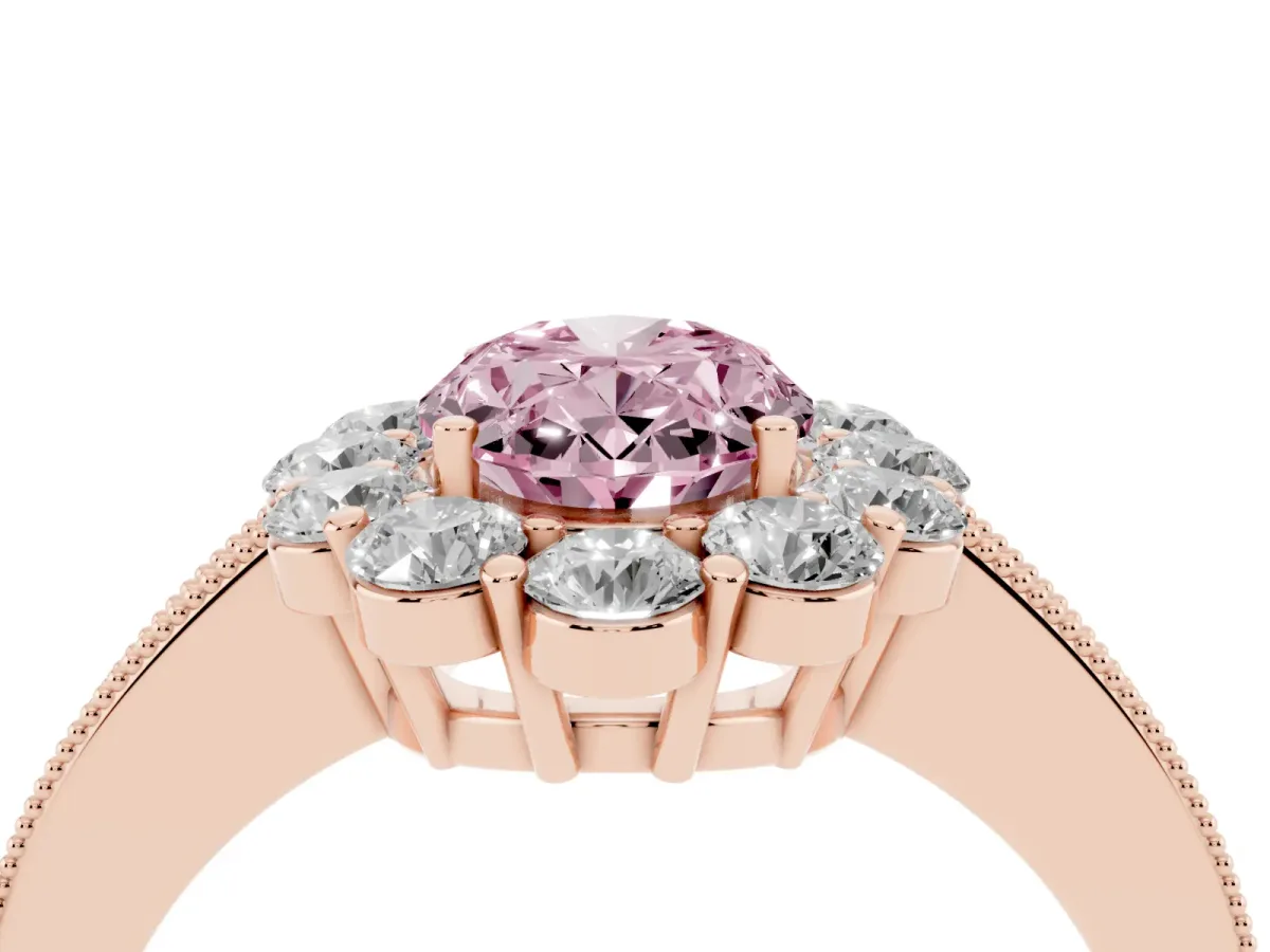 Fancy Pink Oval Cut Cut Halo Diamond Pavé Engagement Ring with Milgrain Detailing Rose gold