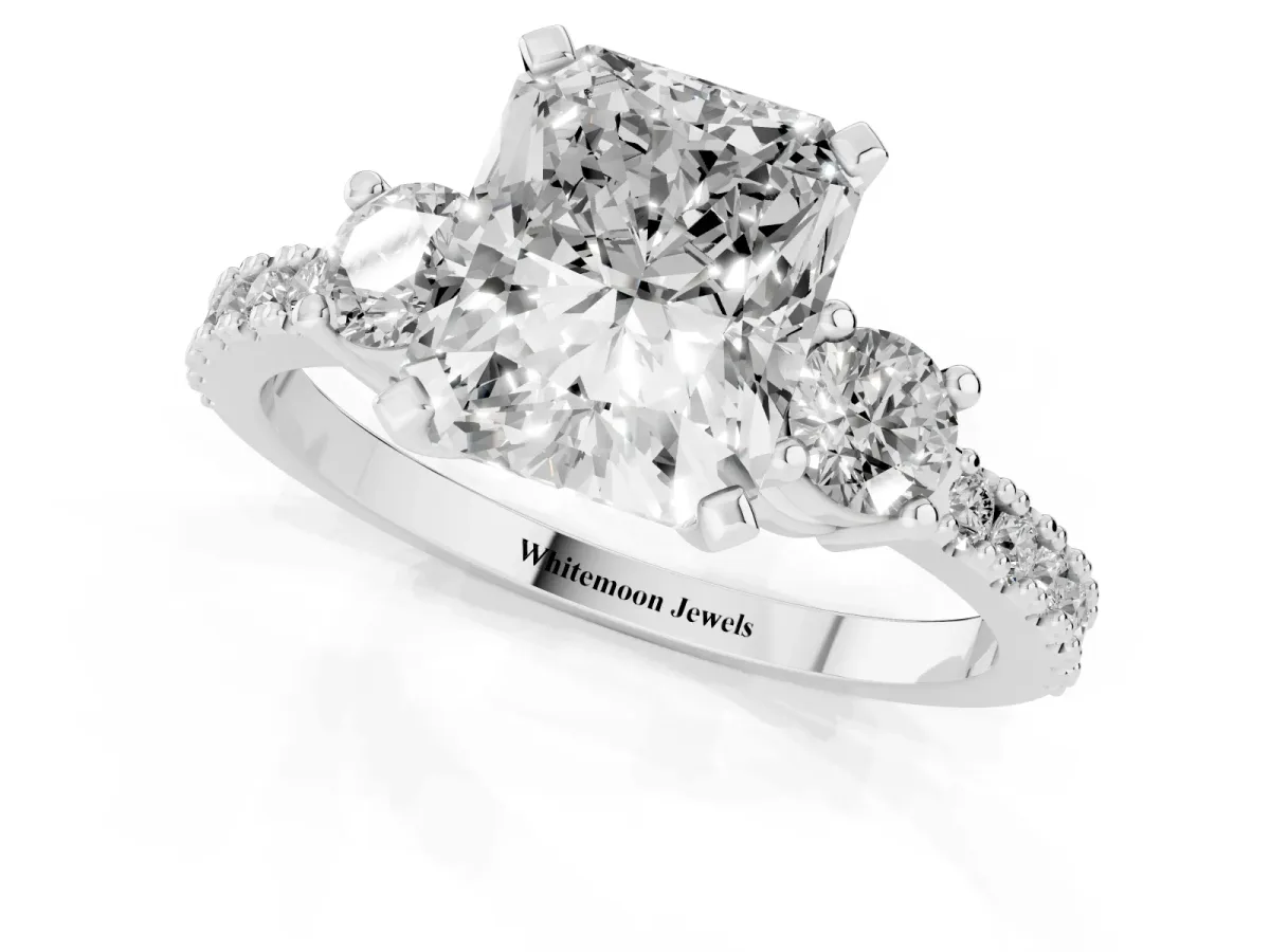 Radiant Cut Three-Stone Diamond Pavé Band with Prong Setting Platinum