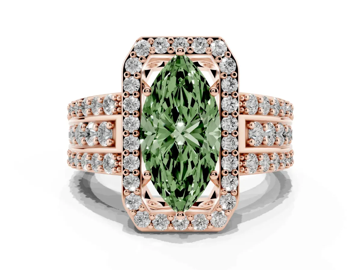 Fancy Green Marquise Cut Halo Diamond Ring with Round Split Shank and Prong Setting Rose gold