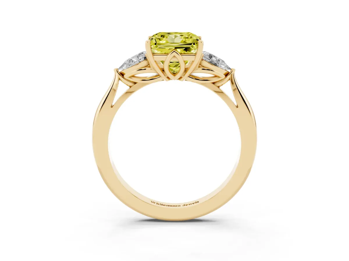 Fancy Yellow Three-Stone Princess Cut Brilliant Diamond Solitaire Ring with Tapered Band and Four-Prong Setting Yellow gold