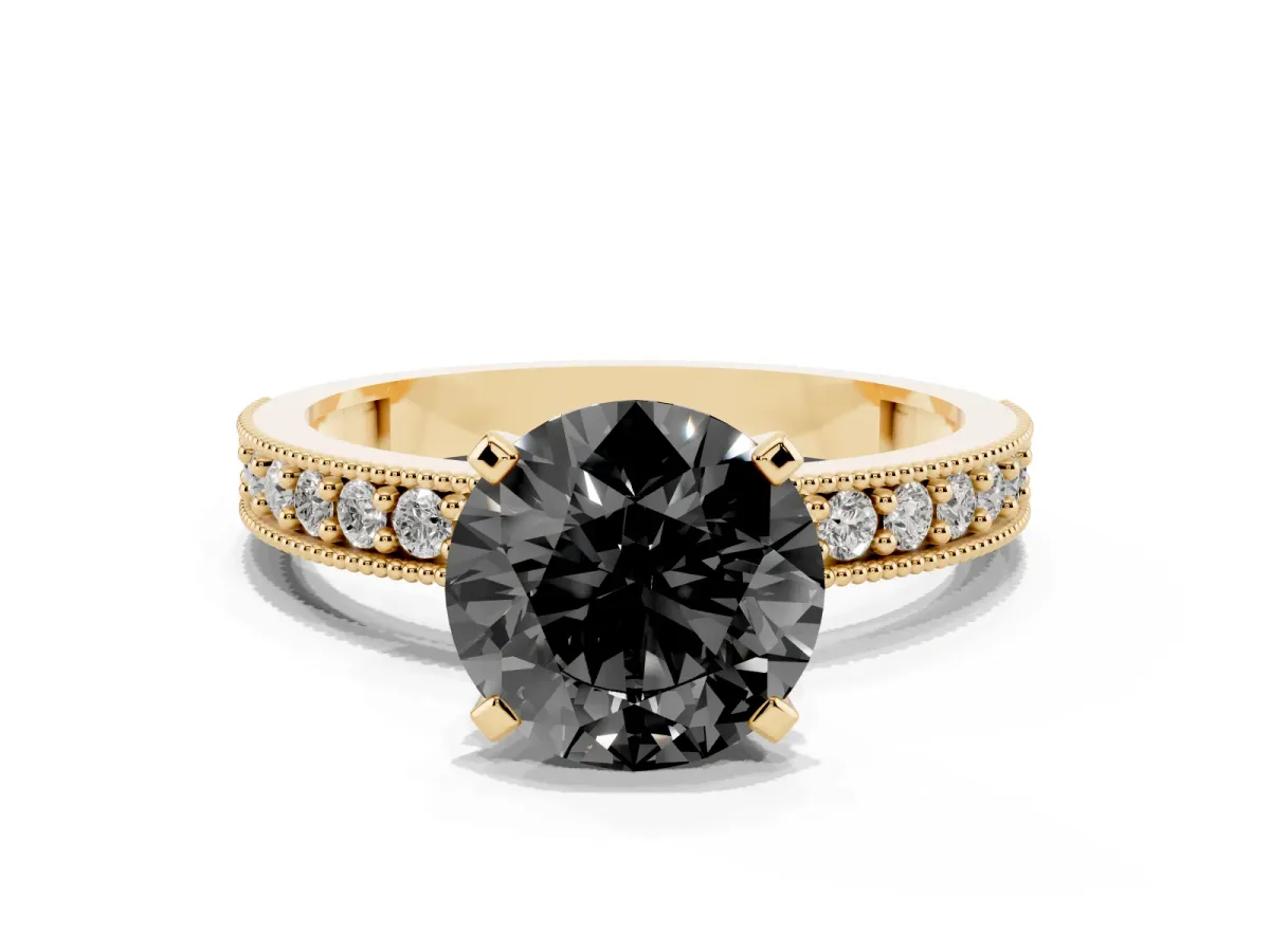 Fancy Black Round Cut Diamond Milgrain Pavé Engagement Ring with Four-Prong Setting Yellow gold