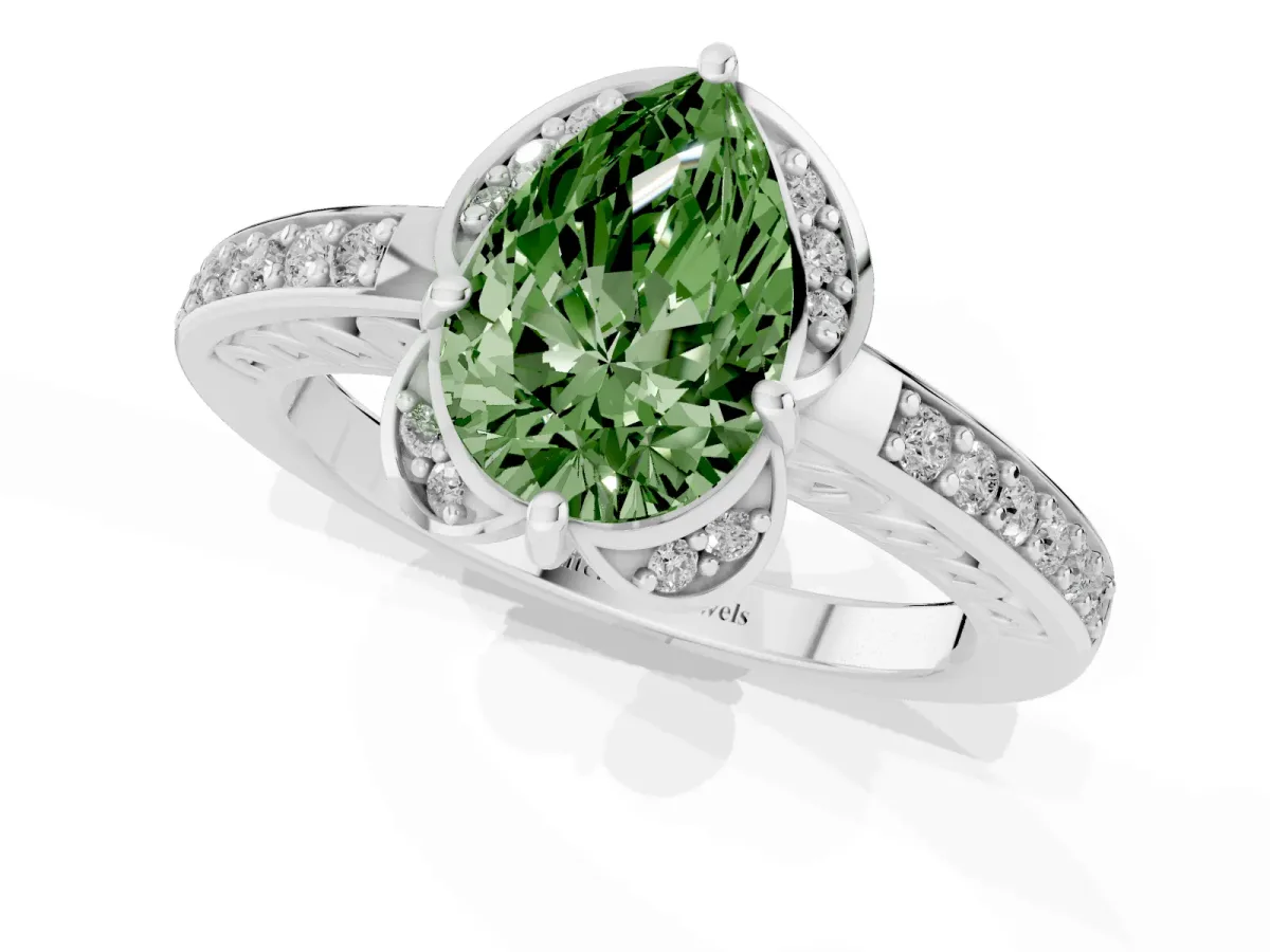 Fancy Green Pear Cut Cut Halo Diamond Ring with Channel Set Band and Four-Prong Setting Platinum