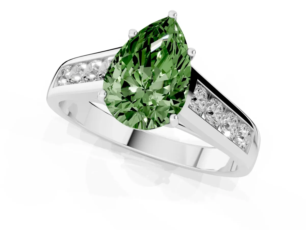 Fancy Green Pear Cut Brilliant Channel-Set Solitaire Ring with Four-Prong Setting Silver
