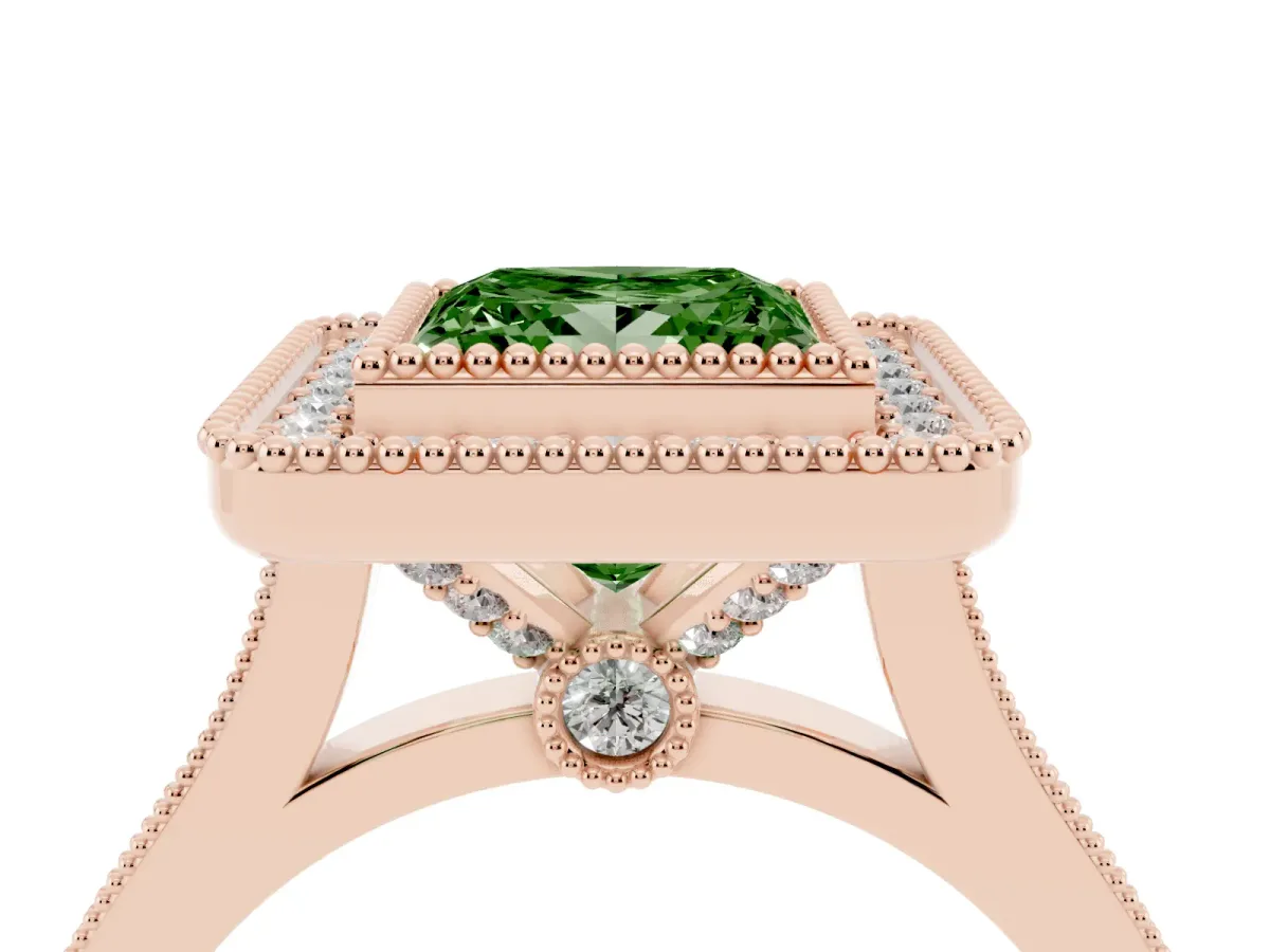 Fancy Green Princess Cut Diamond Halo Ring with Milgrain Frame and Pavé Band Rose gold