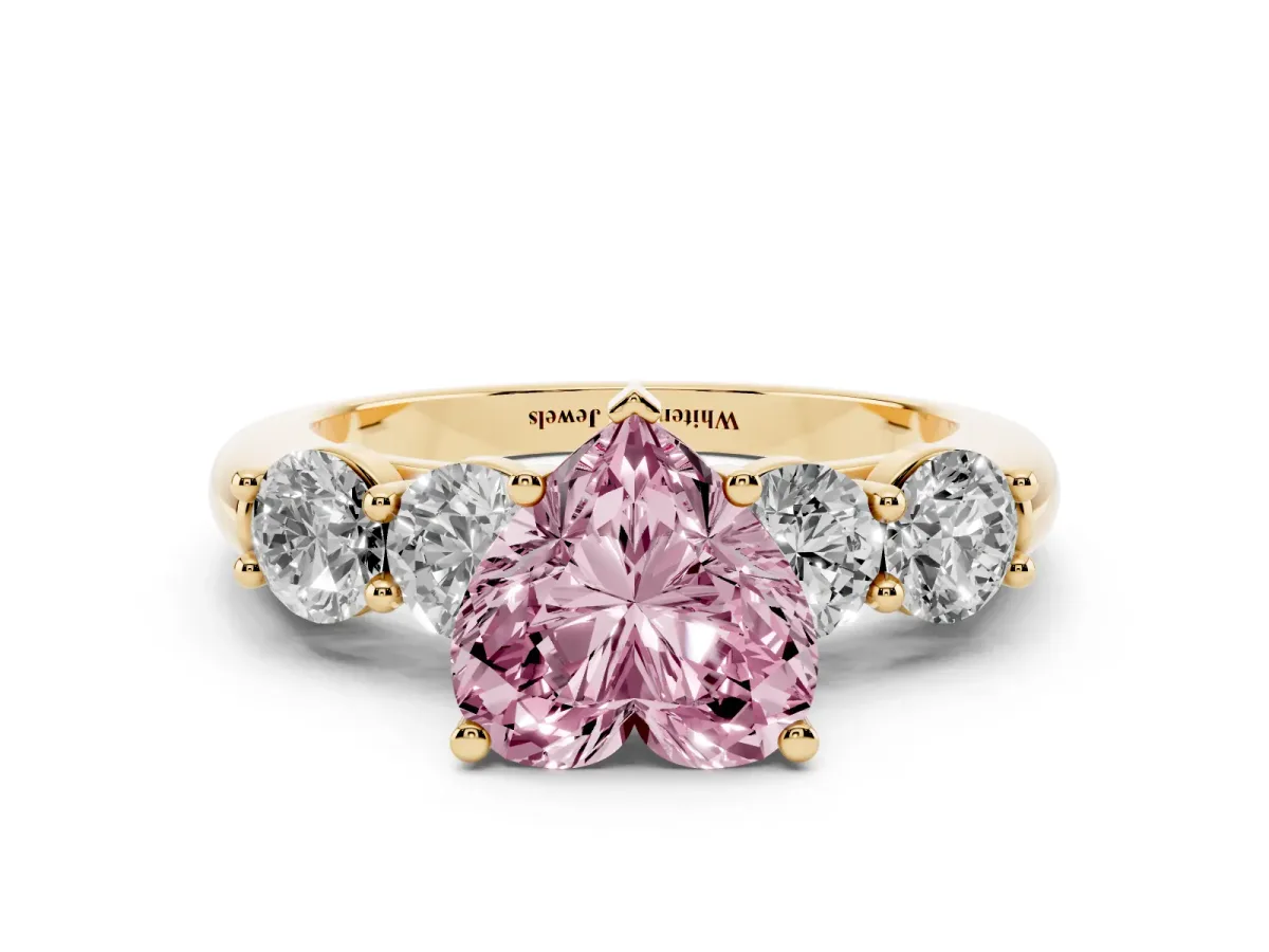 Fancy Pink Heart Cut Cut Five-Stone Prong Set Diamond Ring with Classic Band Yellow gold