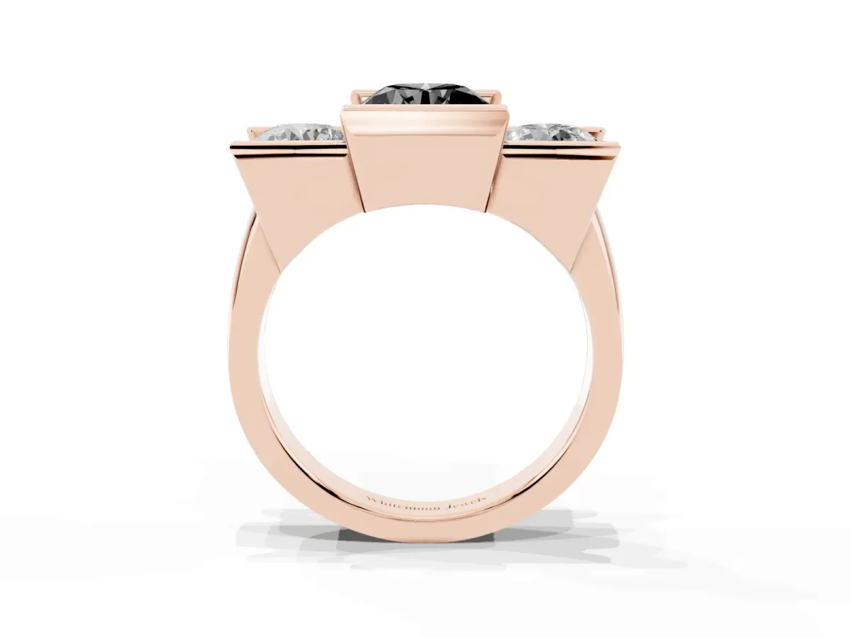 Fancy Black Three Stone Round Cut Cut Channel Set Diamond Ring Rose gold