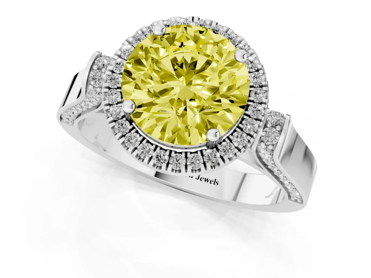 Fancy Yellow Round Cut Halo Round Diamond Twist Band with Four-Prong Setting Silver