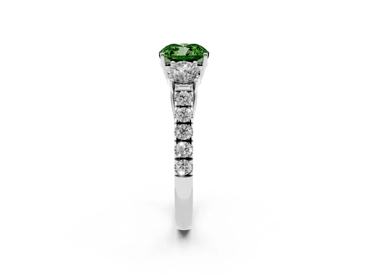 Fancy Green Cushion Cut Cut Diamond Three-Stone Ring with Round Side Stones and Pavé Band Silver