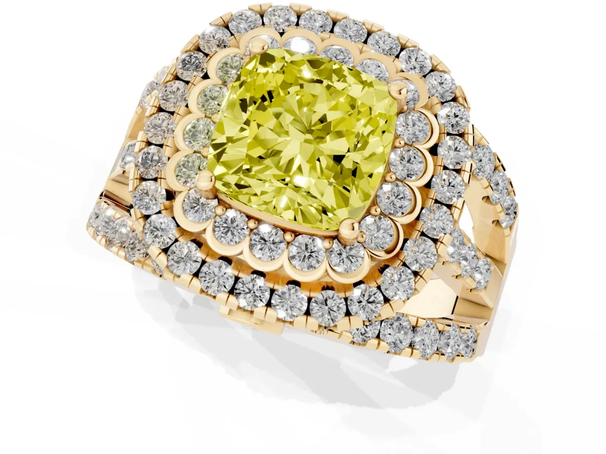 Fancy Yellow Cushion Cut Diamond Double Halo Ring with Round Pavé Split Shank and Prong Setting Yellow gold