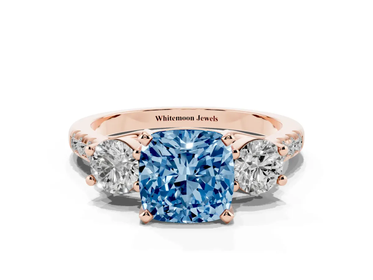 Fancy Blue Three-Stone Cushion Cut Diamond Pavé Band with Four-Prong Setting Rose gold