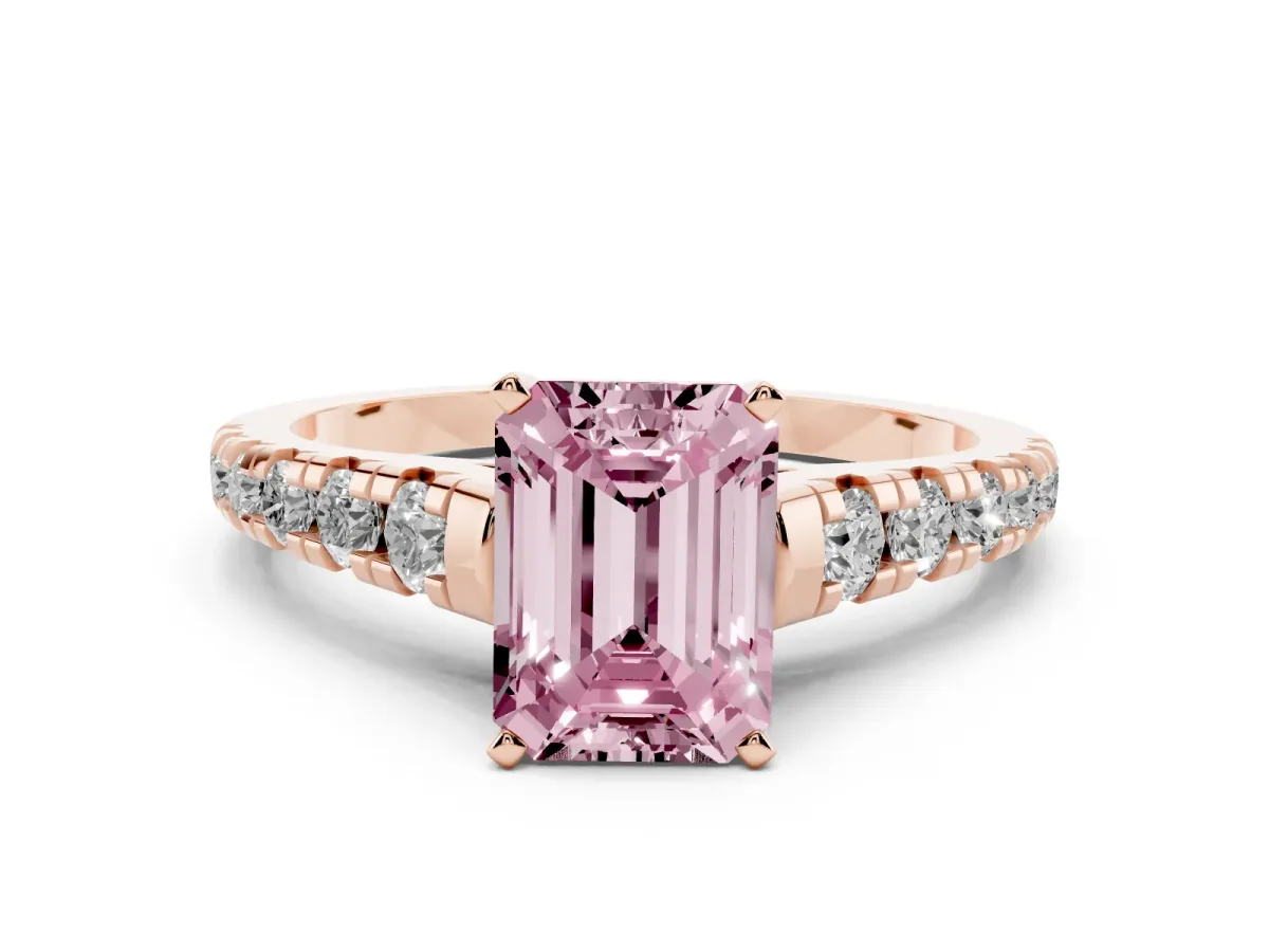 Fancy Pink Emerald Cut Diamond Cathedral Solitaire Ring with Round Pavé Band Rose gold