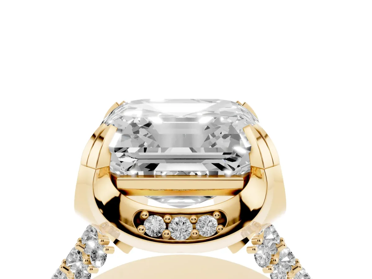 Asscher Cut Solitaire Pave Split Shank Ring with Four-Prong Setting Yellow gold