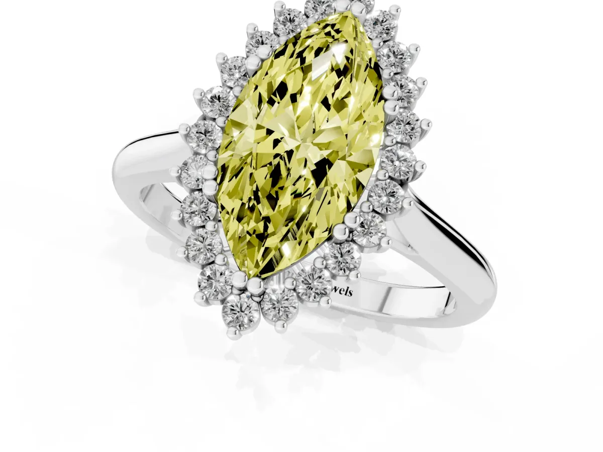 Fancy Yellow Marquise Cut Cut Diamond Halo Ring with Solitaire Band and Prong Setting Silver