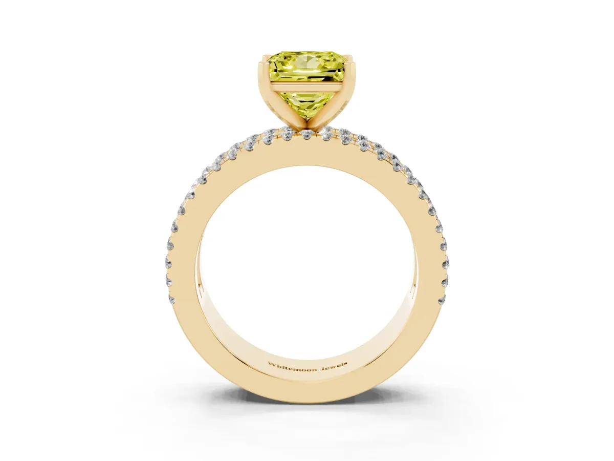 Fancy Yellow Princess Cut Diamond Solitaire Ring with Pavé and Channel Set Band Yellow gold