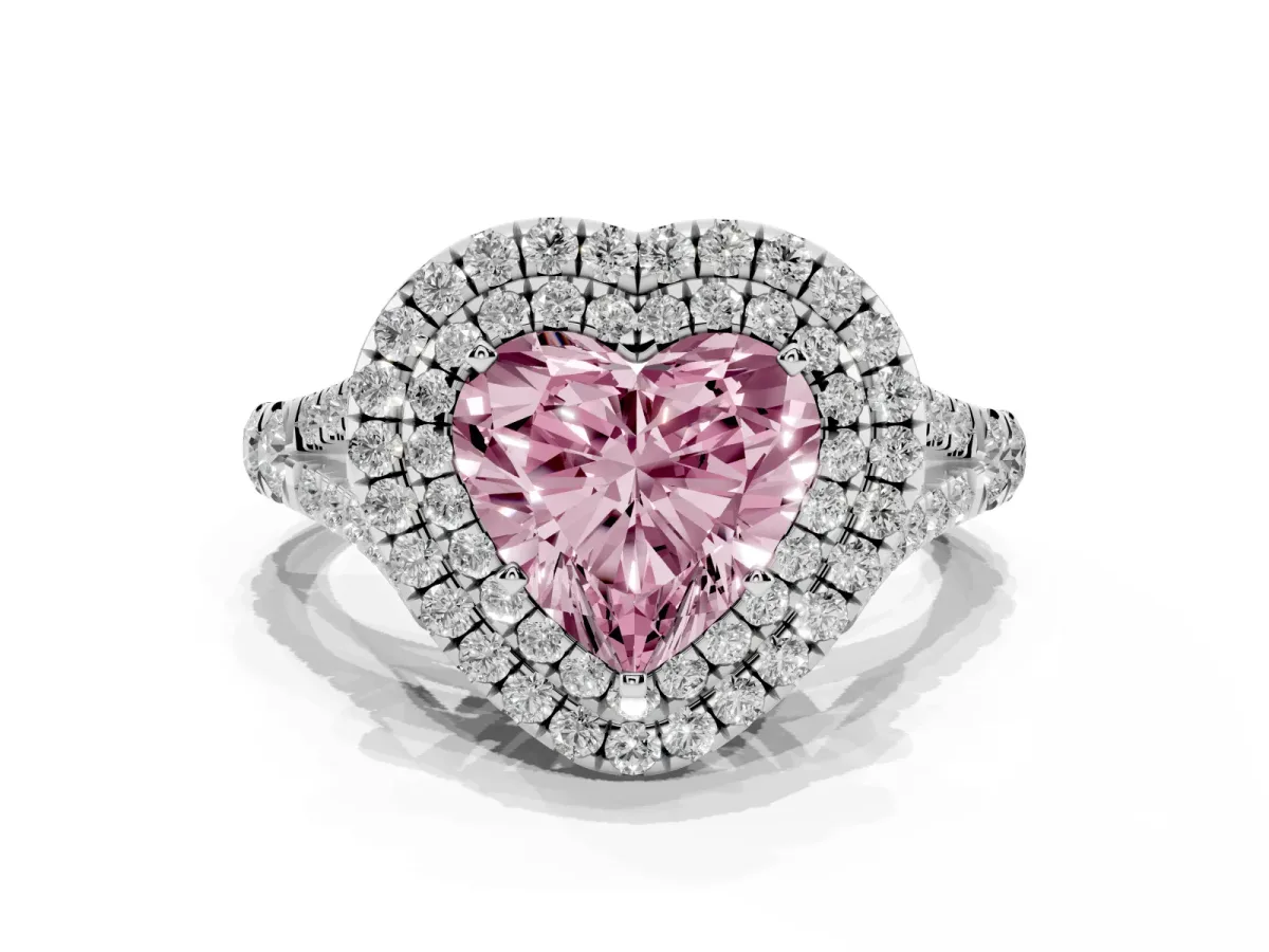 Fancy Pink Double Halo Heart Cut Diamond Split Shank Engagement Ring with Four-Prong Setting White gold
