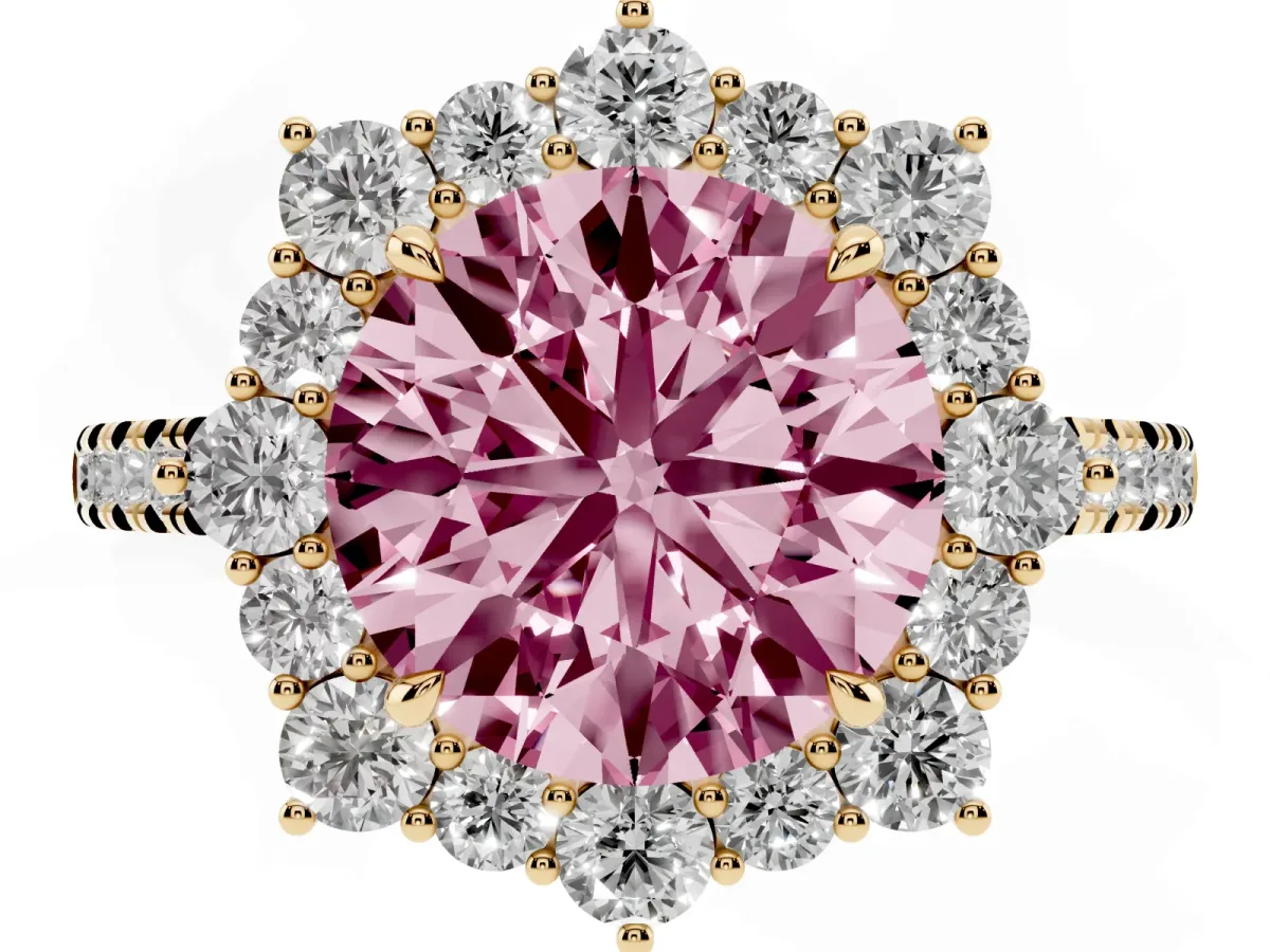 Fancy Pink Round Cut Halo Diamond Ring with Pavé Band and Prong Setting Yellow gold