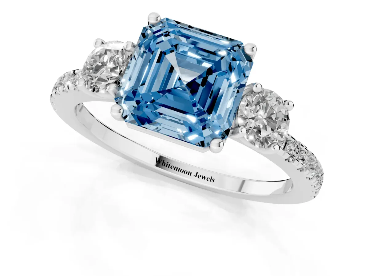 Fancy Blue Three-Stone Asscher Cut Cut Diamond Pavé Band with Prong Setting Silver