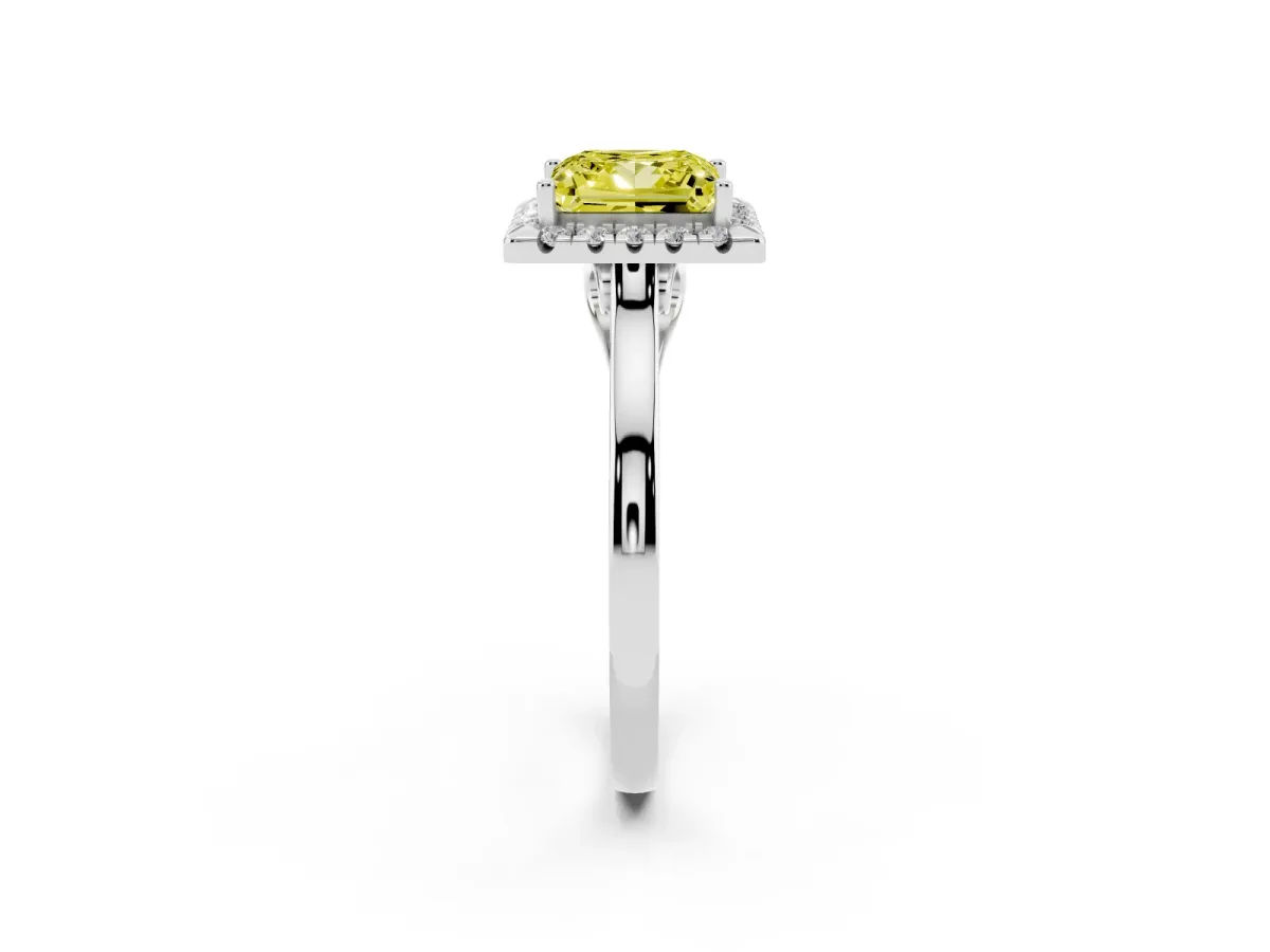 Fancy Yellow Princess Cut Halo Round Diamond Solitaire Ring with Pavé Band and Four-Prong Setting White gold