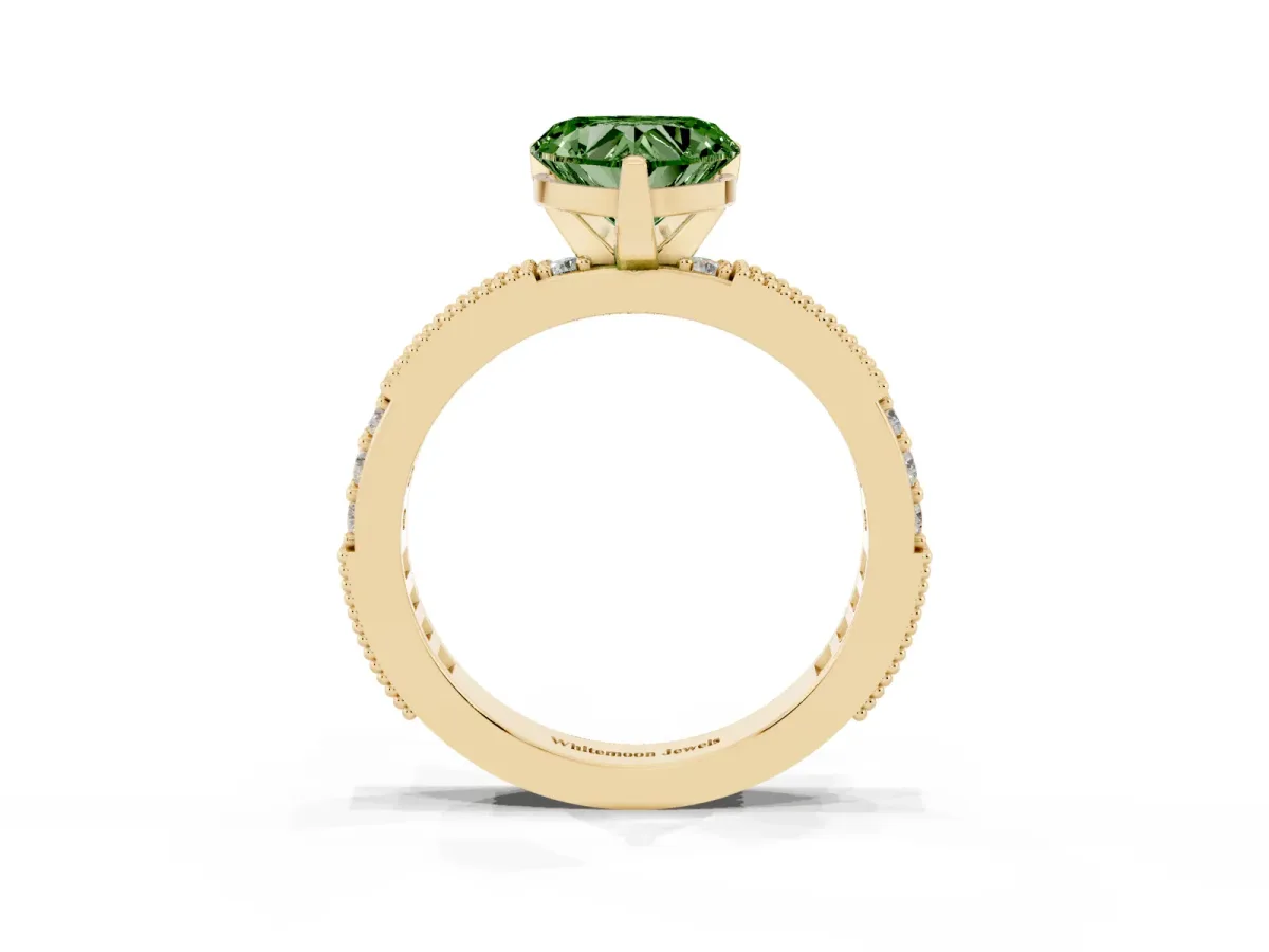 Fancy Green Heart Cut Solitaire with Pavé Band and Four-Prong Setting Yellow gold