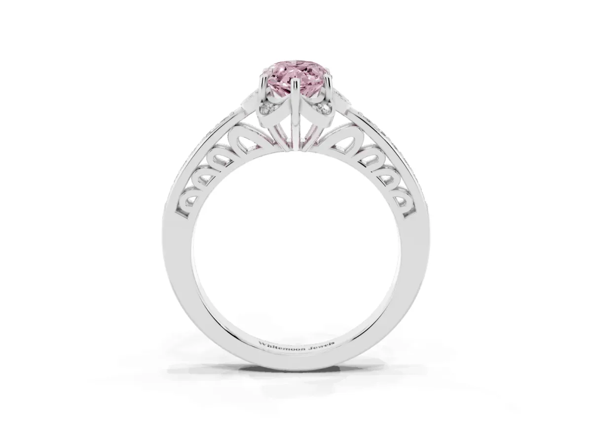 Fancy Pink Marquise Cut Cut Halo Diamond Ring with Channel Set Band and Four-Prong Setting Silver