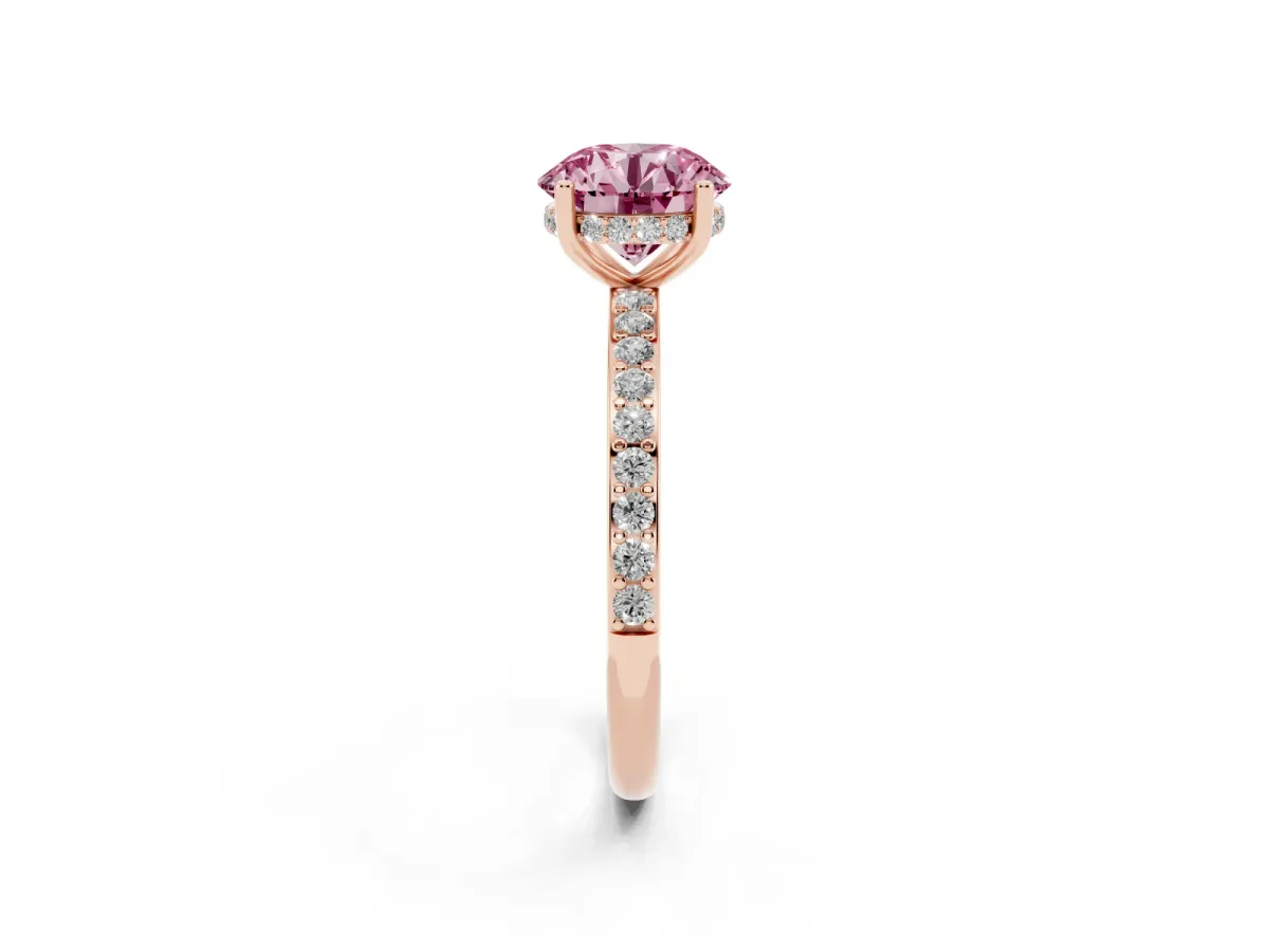 Fancy Pink Round Cut Cut Diamond Pavé Band Ring with Four-Prong Setting Rose gold