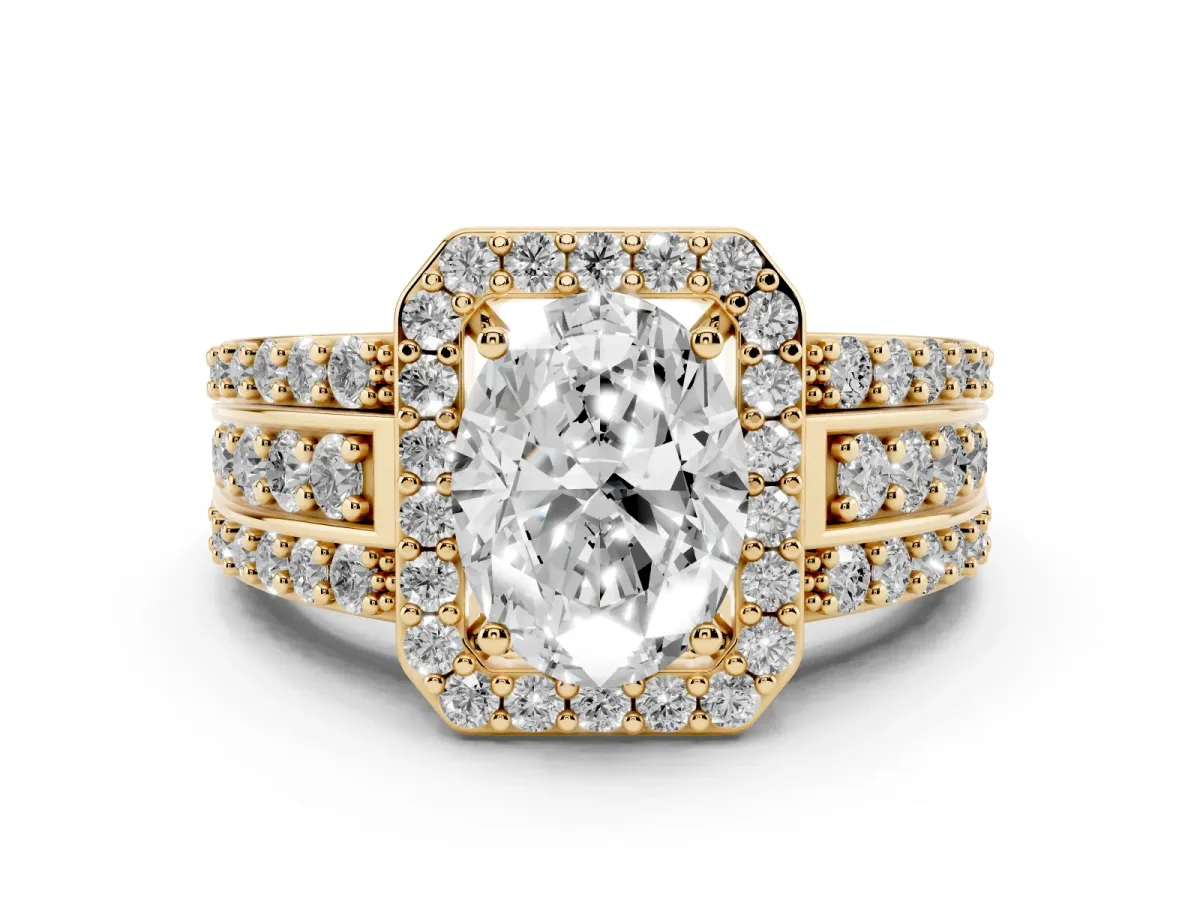 Oval Cut Halo Diamond Ring with Round Split Shank and Prong Setting Yellow gold