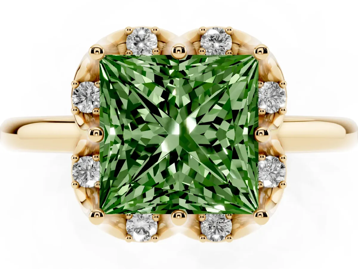 Fancy Green Princess Cut Halo Diamond Ring with Round Cluster Setting, Solitaire Band, and Four-Prong Setting Yellow gold