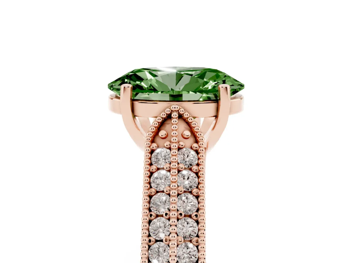 Fancy Green Oval Cut Cut Pave Split Shank Engagement Ring with Four-Prong Setting Rose gold
